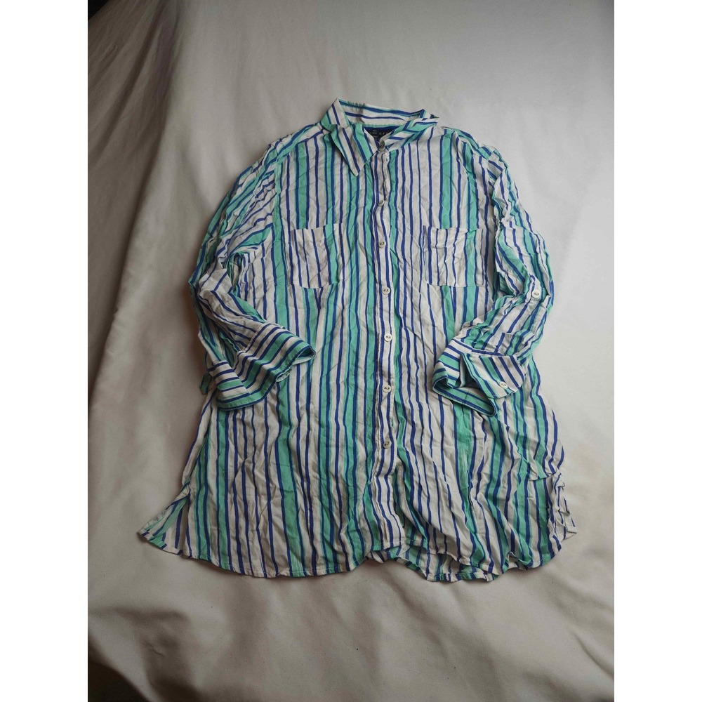 Foxcroft Womens Fitted Fit Striped Button Down Shirt Blue Teal‎ Rayon Size 12
